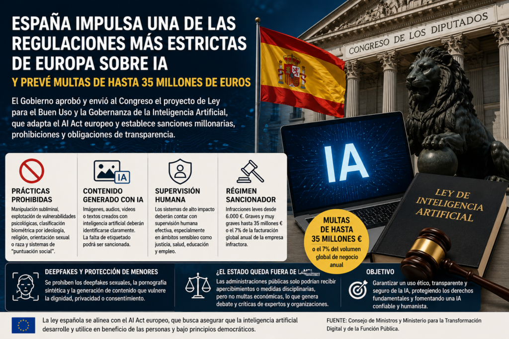 España impulsa una de las regulaciones más estrictas de Europa sobre inteligencia artificial y prevé multas de hasta 35 millones de euros